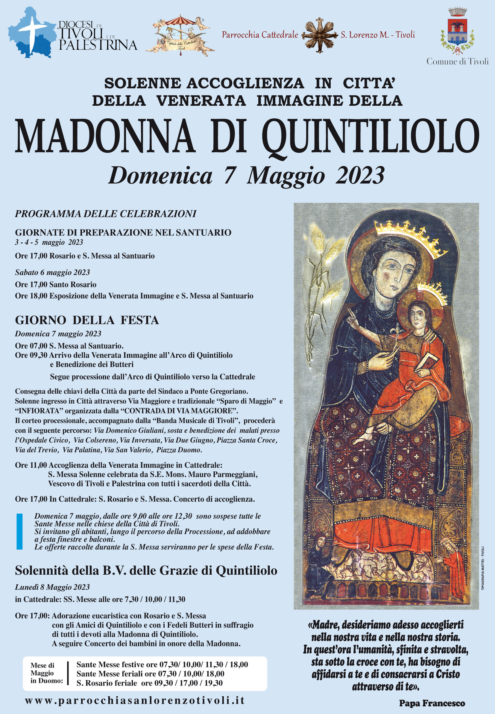 Festa della Madonna di Quintiliolo. Domenica 7 maggio 2023 processione e solenne accoglienza in Cattedrale. Programma