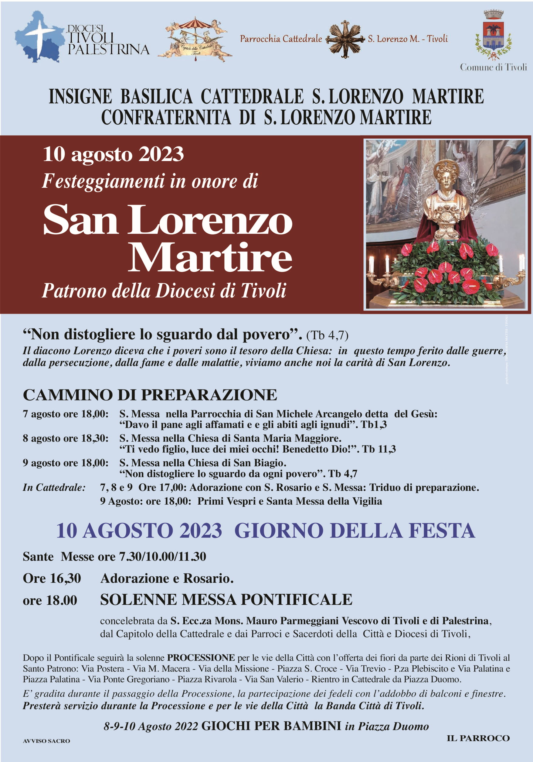 10 Agosto 2023: Festa di San Lorenzo Martire Patrono di Tivoli. Il Programma