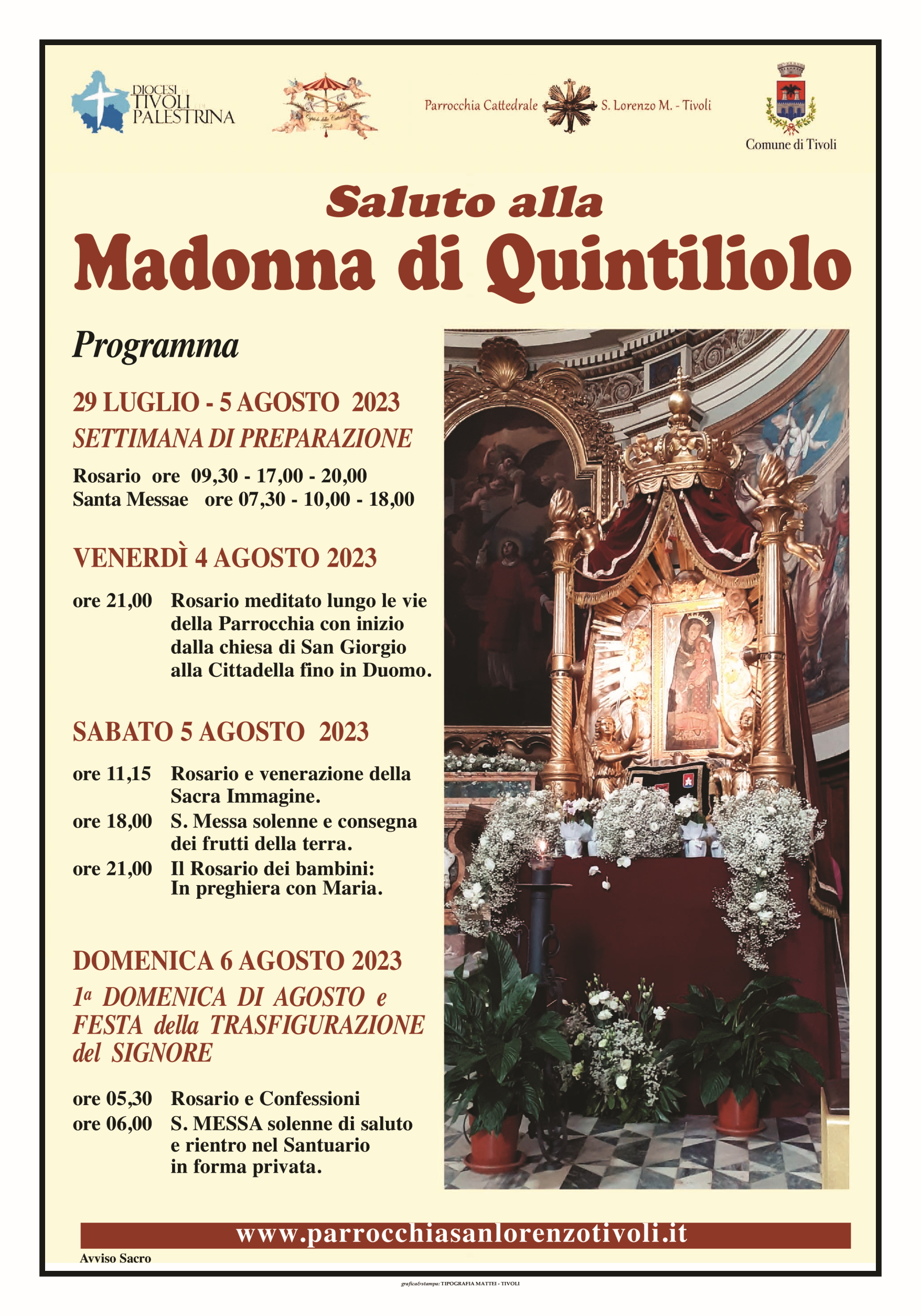Saluto alla Madonna di Quintiliolo. Settimana di preparazione e Messe solenni sabato 5 e domenica 6 agosto 2023. Il Programma